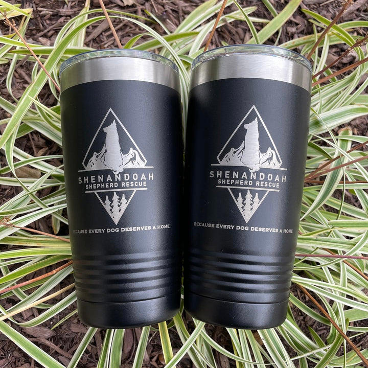 Shenandoah Shepherd Rescue logo tumbler custom insulated stainless steel travel cup for dog rescue supporters animal shelter volunteers or pet lovers reusable drinkware perfect fundraising gift merchandise promoting pet adoption and rescue awareness beautifully